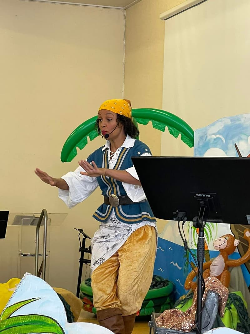 Gemma Hunt as a pirate in a children's church presentation